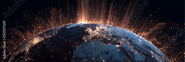 Fototapeta a stylized globe with glowing MSME clusters lighting up across developing regions, beams of light connecting continents, painterly Arcane animation, global energy and potential rising