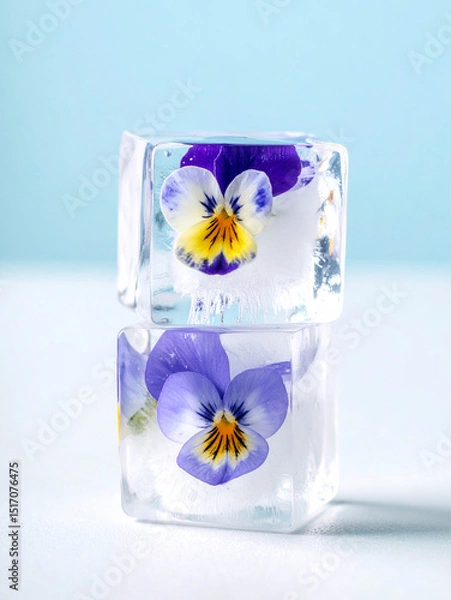 Obraz Two clear ice cubes with vibrant purple and yellow edible pansy flowers frozen inside, stacked on a light blue background.