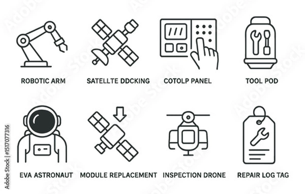 Obraz Space technology linear icon set: exploration and robotics symbols for innovation
