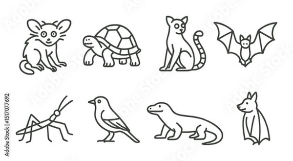 Fototapeta Wildlife and nature linear icon set. animal and creature minimalist symbols
