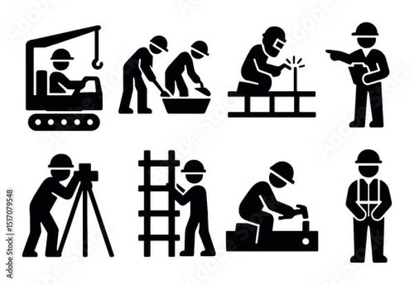 Fototapeta Construction worker silhouette icon set. builder and contractor job symbols