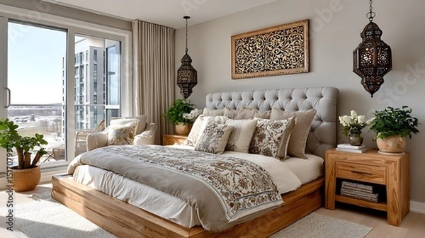 Fototapeta Serene global bedroom interior with nature-inspired decor earth-tone palette and lush greenery high resolution image