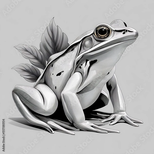 Fototapeta Stylized frog artwork in monochrome and gold with detailed shading and botanical line accents high resolution image
