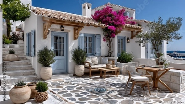 Fototapeta Traditional Cycladic architecture with floral vines blue doors and peaceful stone courtyard high resolution image