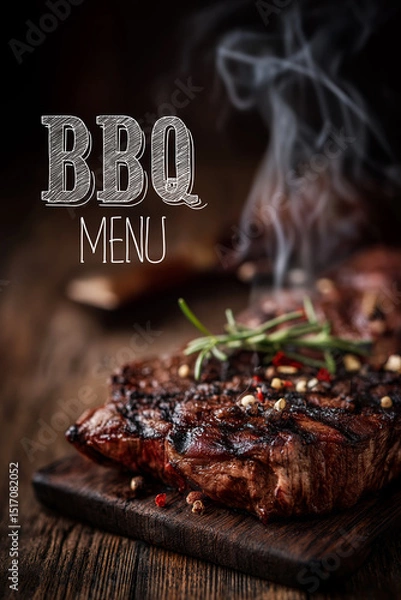 Fototapeta Delicious barbecue menu featuring grilled steaks, herbs, and smoke on a rustic wooden table