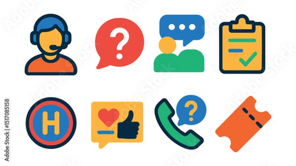 Fototapeta Flat vector icons of customer service and help: support agent, FAQ icon, live chat, support form, help center, feedback icon, phone support, ticket system.