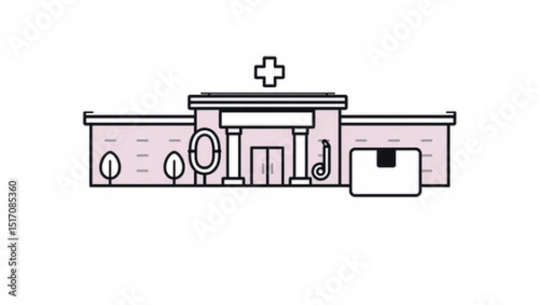 Fototapeta Illustration of a hospital building with a cross on top and trees in front of the facade created with generated ai