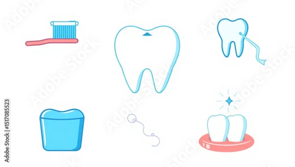 Obraz Illustration showing dental hygiene items including toothbrush floss and healthy teeth icons for dental care created with generated ai