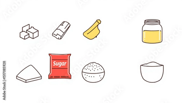 Fototapeta Illustration showing different types of sugar including cubes, packets, and a jar of honey for sweetening created with generated ai