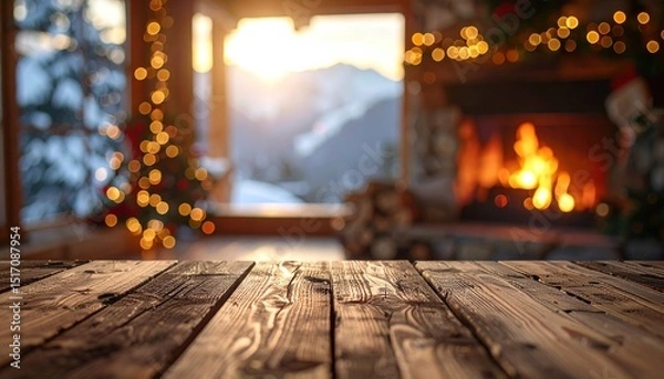 Fototapeta Wooden table in front of a cozy fireplace, Christmas setting, mountain view