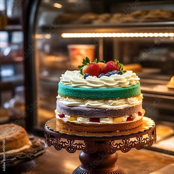 Obraz Vibrant Layered Cake. A colorful layered cake decorated with fresh berries and whipped cream, displayed on a decorative stand in a bakery. 