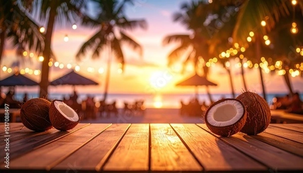 Obraz Wooden table with coconuts, sunset beach scene