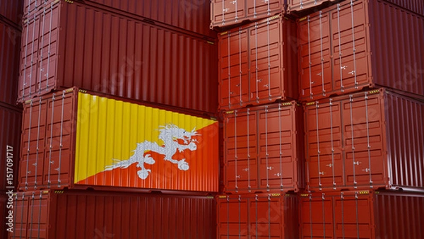 Obraz Cargo shipping container with Bhutan flag, shipping and freight transportation of Bhutan concept.
