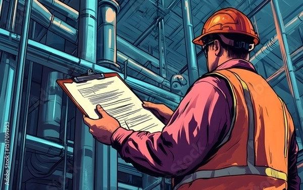 Obraz A construction worker reviewing safety documents on a job site, wearing a hard hat and safety vest, surrounded by industrial pipes, emphasizing workplace safety and compliance.