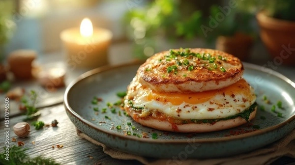 Fototapeta Sunny-side-up eggs in a toasted bun, topped with cheese and herbs