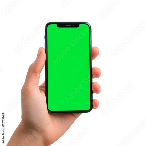 Obraz A hand holds a sleek smartphone with a bright green screen against a stark black background, offering a versatile mockup display.