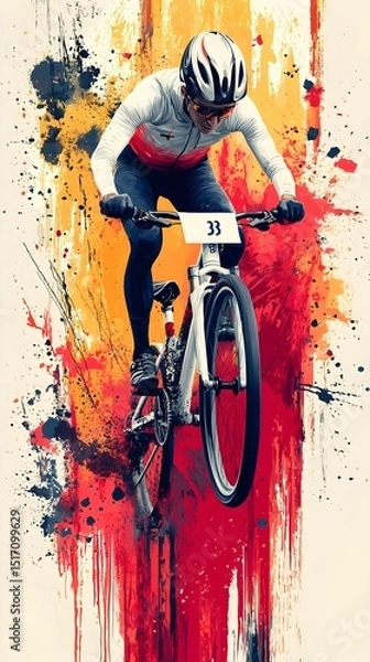 Fototapeta Dynamic male cyclist in action, wearing a helmet and racing gear, leaping off a vibrant splattered background that captures the essence of speed and thrill.
