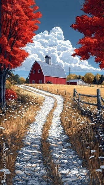 Fototapeta A picturesque autumn scene featuring a red barn surrounded by vibrant fall foliage, with a winding gravel path leading through golden fields under a blue sky adorned with fluffy white clouds.