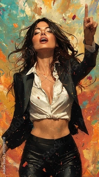 Fototapeta A confident woman of Asian descent strikes a powerful pose against a vibrant, abstract background, exuding energy and determination in a stylish suit.