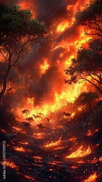 Fototapeta A mesmerizing digital painting of wild horses fleeing through a forest engulfed in flames, showcasing vibrant reds and oranges amidst dark silhouettes of trees.