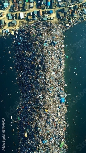 Fototapeta An aerial view of a densely populated area with extensive waste accumulation along the water, showcasing a striking contrast between human habitation and environmental impact.