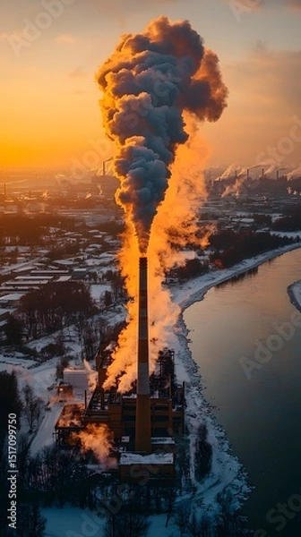 Fototapeta Aerial view of a power plant emitting thick smoke against a backdrop of a glowing sunset. The contrasting colors highlight the impact of industry on the natural landscape.