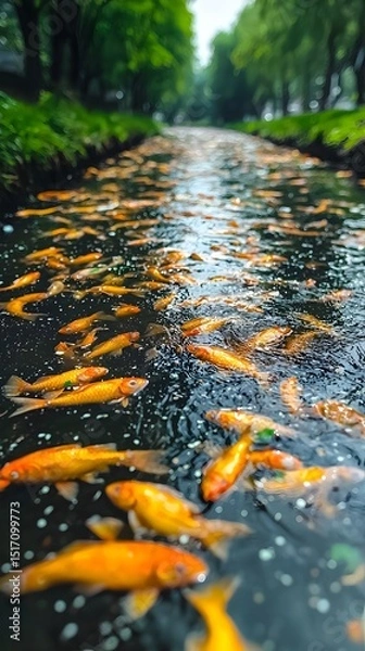 Fototapeta A vibrant scene of orange koi fish swimming in a serene, tree-lined river, reflecting the calmness of nature during a sunny day.