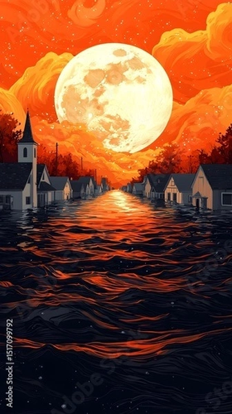 Fototapeta A surreal scene of a flooded village under a massive orange moon, with dark clouds swirling in the sky. The houses reflect in the water, creating an eerie atmosphere.