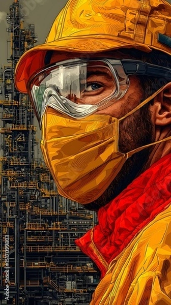 Fototapeta A male worker wearing protective gear with a yellow helmet and mask stands confidently in front of an industrial facility. His focused gaze reflects determination and safety.