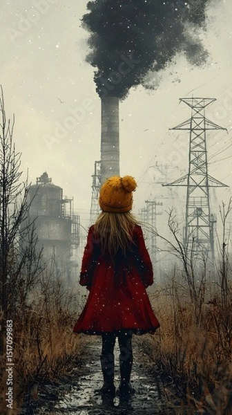 Fototapeta A young girl with long hair, wearing a bright red coat and a yellow hat, stands in a desolate landscape, facing a factory spewing dark smoke amidst a gloomy atmosphere.
