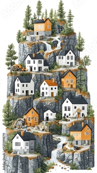 Fototapeta A picturesque vertical landscape featuring charming houses atop rocky cliffs, surrounded by lush pine trees and cascading waterfalls, creating a serene and enchanting atmosphere.
