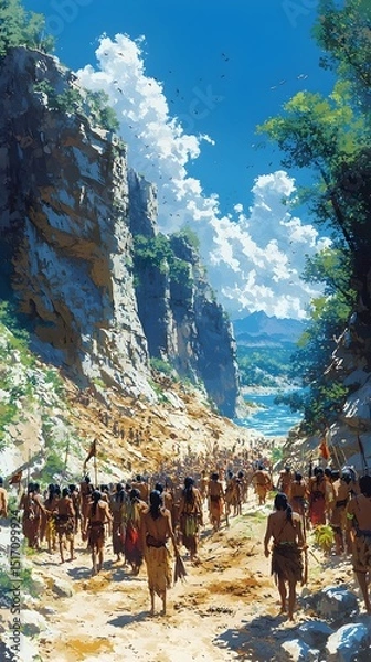 Fototapeta A vibrant gathering of Indigenous people walking together through a sunlit valley, surrounded by towering cliffs and lush greenery, evoking a sense of community and nature's beauty.