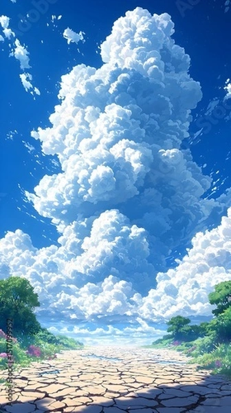 Fototapeta A breathtaking, vibrant landscape featuring towering cumulus clouds against a deep blue sky, with a cracked earth path leading towards the horizon surrounded by lush greenery.