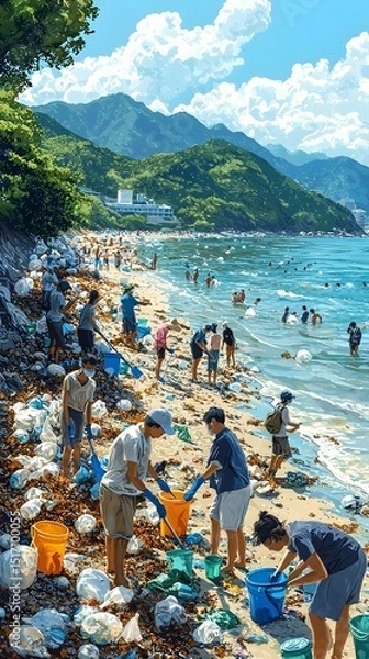 Fototapeta A diverse group of individuals, including men and women of various ethnicities, actively clean a polluted beach, gathering trash amid a stunning natural backdrop.