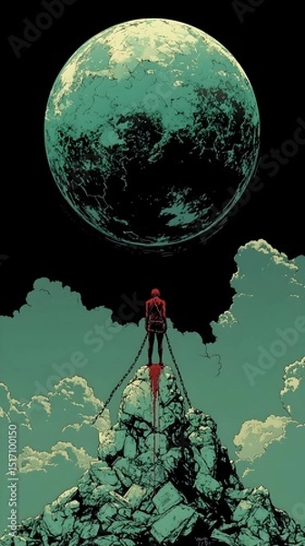 Fototapeta A silhouetted figure stands triumphantly atop a rocky peak, tethered to a distant moon by chains. The scene contrasts dark clouds with vibrant teal and red hues