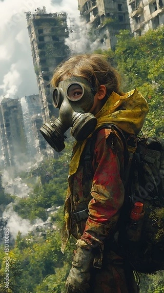 Fototapeta A young Caucasian girl wearing a gas mask and a yellow jacket stands amidst an overgrown urban landscape, embodying resilience in a post-apocalyptic setting.