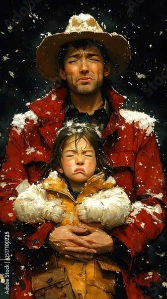 Fototapeta A solemn man, with a rugged appearance and a cowboy hat, holds a pouting young girl in a snowy landscape, capturing a moment of deep emotion and connection.