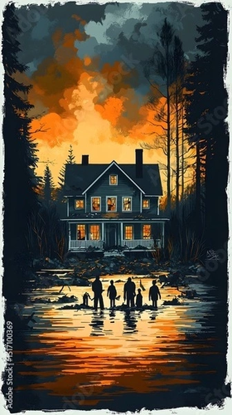 Fototapeta A haunting scene featuring five silhouetted figures standing by a lake, gazing at a glowing house amid fiery clouds at dusk, evoking a mysterious, eerie atmosphere.
