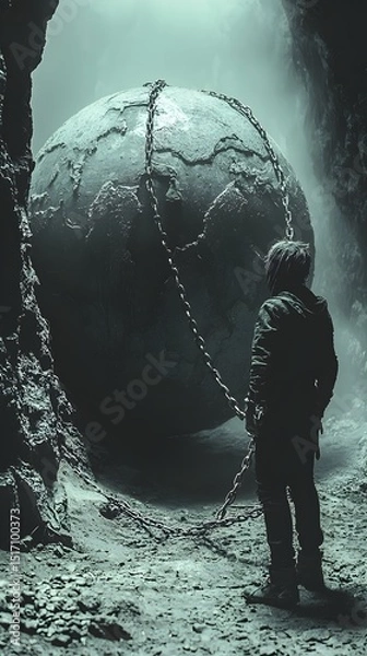 Fototapeta A solitary figure stands before a massive, cracked sphere bound by chains in a dimly lit cavern, evoking a sense of mystery and solitude in a surreal, otherworldly setting.