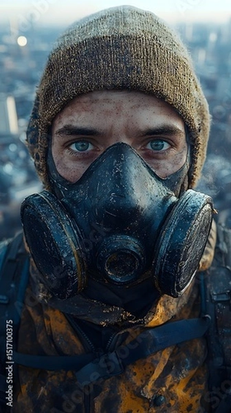 Fototapeta A young male wearing a worn-out gas mask and a dirty yellow jacket stands atop a building, gazing intensely at the cityscape, evoking a sense of resilience and survival.