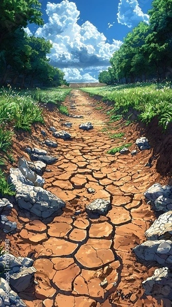 Fototapeta A serene landscape depicts a parched, cracked earth path surrounded by lush greenery and vibrant clouds overhead, blending beauty and signs of drought.