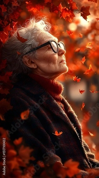 Fototapeta An elderly white woman gazes thoughtfully into the distance, surrounded by vibrant autumn leaves, evoking a sense of nostalgia and tranquility in warm tones.