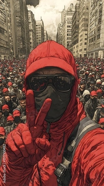 Fototapeta A young man of possibly Asian descent wearing a red jacket and sunglasses poses with a peace sign against a backdrop of a crowd in a city, creating a contrast of individuality and mass presence.
