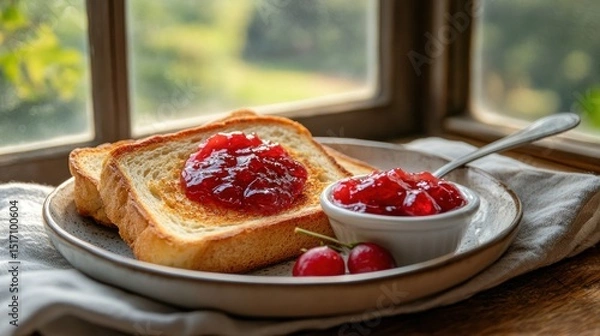 Fototapeta Toasted bread with cherry jam, by window