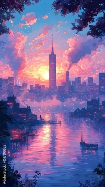 Fototapeta A stunning digital landscape depicting a vibrant sunset over a sprawling city skyline. The reflection of colorful clouds illuminates the river below, creating a serene atmosphere.