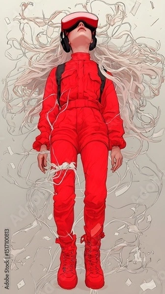 Fototapeta A young woman of Asian descent experiences virtual reality, dressed in a striking red jumpsuit and boots, surrounded by a wave of digital elements and floating papers.