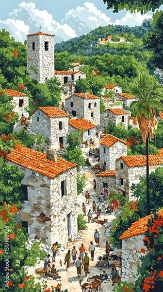 Fototapeta A vibrant illustration of a quaint Mediterranean village, showcasing stone houses with terracotta roofs, surrounded by lush greenery and people engaging in daily life.