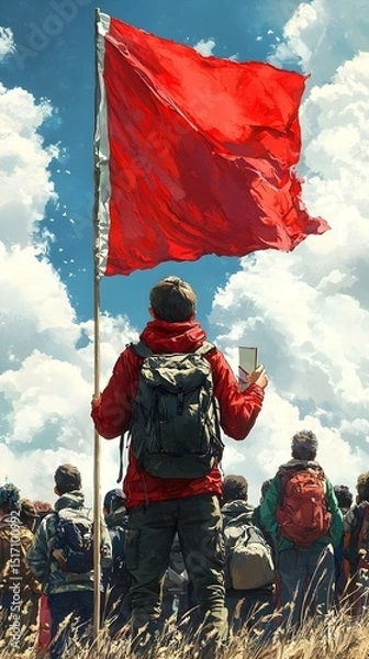 Fototapeta A young male, wearing a red jacket and carrying a backpack, stands tall with a red flag in hand, leading a diverse group of supporters against a bright, cloudy sky.
