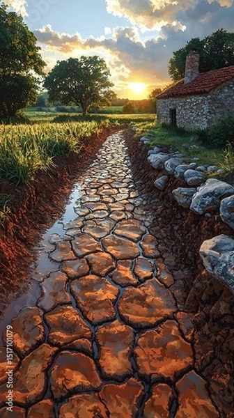 Fototapeta A scenic view of a sunlit pathway lined with cracked earth and reflecting water, leading to a rustic stone cottage surrounded by lush greenery under a colorful sunset sky.