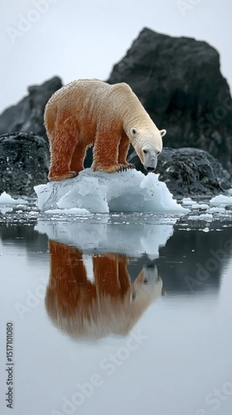Fototapeta A majestic polar bear stands on an ice floe, gazing down at its reflection in the calm water, surrounded by rocky formations and a tranquil, overcast atmosphere.